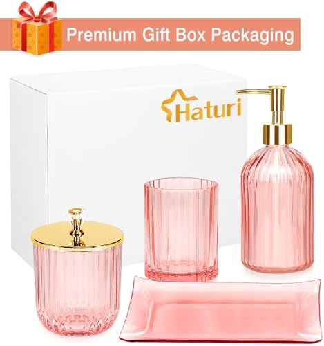 Haturi Bathroom Accessories Set, 4 Pcs Pink Glass Bathroom Accessories Sets Complete w/Lotion Soap Dispenser, Toothbrush Holder, Apothecary Jar, Vanity Tray, Bathroom Decor, Gift for Home Apartment - Image 3