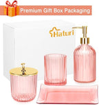 Haturi Bathroom Accessories Set, 4 Pcs Pink Glass Bathroom Accessories Sets Complete w/Lotion Soap Dispenser, Toothbrush Holder, Apothecary Jar, Vanity Tray, Bathroom Decor, Gift for Home Apartment - Image 3