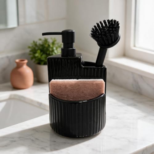 RQYIXI 3-in-1 Ceramic Round Soap Dispenser with Sponge Holder,Black,18 Oz - Image 4