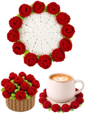 Crochet Flower Bouquet Coasters, Cotton Rose Gifts for Home Decor 1Pc by KQJS