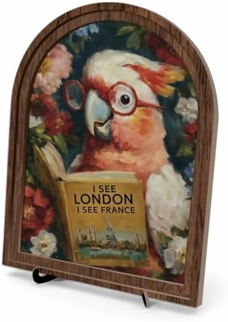 Book Lover Decor Arched Wooden Frame Tabletop Sign, Funny Reading Bird Bookshelf Decor for Desk Shelf and Reading Nook, Vintage Floral Parrot Art Accent by Unknown