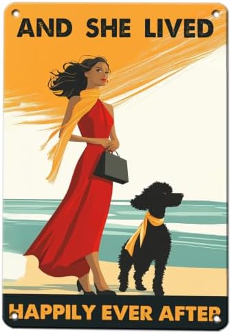 and She Lived Happily Ever After Metal Sign Poodle and Girl Wall Decor Poster for Home Bar Club Coffee Beach House 12x16 Inch by KIYOYOHomeIsOurHappyPlace