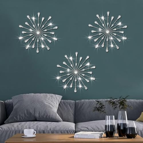 ZEXUIRU 3 Set Silver Starburst Wall Art for Home Decor Metal Bling Crystal Rhinestones Sunburst Wall Decor Sparkling Rhinestone Art Accent Silver - 13in by ZEXUIRU