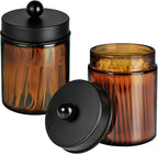 Amolliar Amber Glass Apothecary Jars Qtip Holder w/Metal Lids,Black 2pc by Amolliar