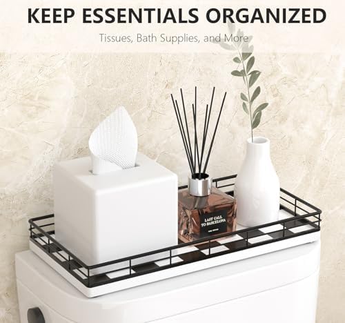 Toilet Paper Basket Organizer, Oak Wood Toilet Tank Tray with Metal Frame - Image 3