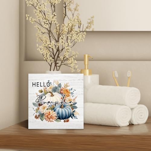 Fall Autumn Pumpkin Wood Box Decor, Rustic Theme Farmhouse Wooden Block Decorations for Home Room Wall Tabletop Shelf, Blue Pumpkin Wooden Square Decor - Image 4