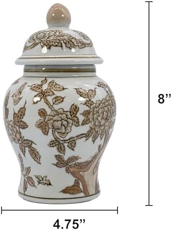 8" Ceramic Ginger Jar w/Lid - Classic Chinese Style Porcelain Jar Tea Storage for Home Decor Decorative Centerpiece Vintage Accent Antique Vase Jingdezhen (Brown & White) - Image 2