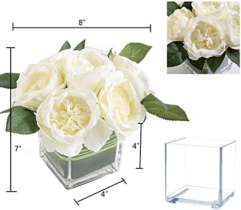 Artificial Peony Silk Flower Centerpieces Faux Floral Arrangement in Glass Vase for Home Wedding Table Decoration (Cream) - Image 7