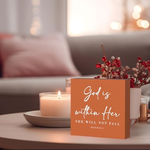 God Is Within Her Bible Verse Artwork Orange Wood Box Sign Rustic Farmhouse Style Psalm 46 : 5 Christian Wood Block Plaque 5 X 5 Inches Home Office Desk Sign Decor for Presents - Image 3