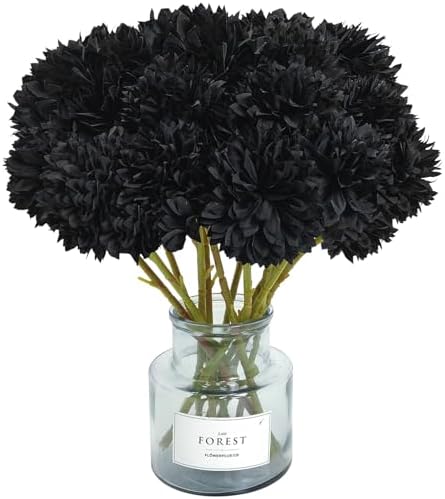 Tinsow 12PCS Halloween Artificial Flowers Black Faux Ball Chrysanthemum by Tinsow