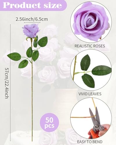 Coferset 50pcs Velvet Artificial Roses Flowers in Bulk,Lavender Purple - Image 6