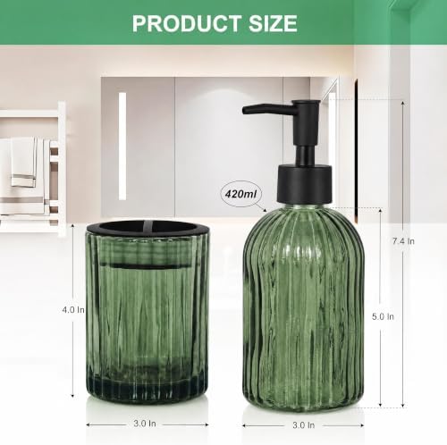 2 Pcs Green Bathroom Accessories Set, Glass Bathroom Set, Soap Dispenser, Toothbrush Holder Set, Crystal Modern Bathroom Decor, Housewarming Gift Set - Image 2