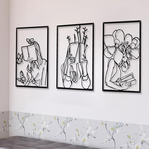 CHENGU 3 Pieces Metal Minimalist Abstract Woman Wall Art Line Drawing Wall Art Decor Single Line Female Home Hanging for Kitchen Bathroom Living Room by CHENGU