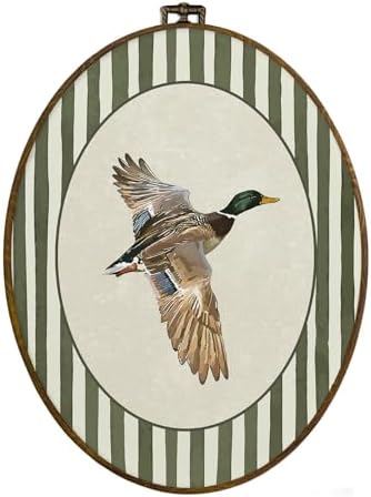 dvhdajed Vintage Mallard Duck Oval Wall Art Decor, Cabin Mallard Ducks Green Striped Framed Canvas Art, Duck Hunting Decorations, Rustic Animal Wall Hanging Decor for Toddler Room Bedroom, 8.7x11.3 by dvhdajed