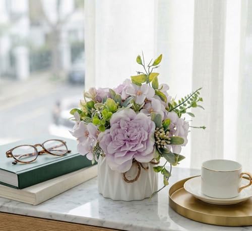 TKAS Artificial Flowers Fake Silk Flowers with Ceramics Vase Rose Bouquets Faux Floral Arrangements Plants Decoration for Table Centerpieces Home Office Wedding (Purple) - Image 2