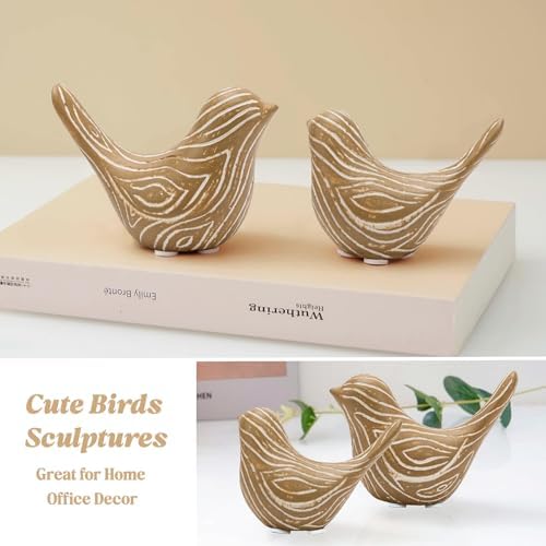 Small Ceramic Birds Statues for Home Decor, Boho Style, Wood-Look, 2PCS - Image 5