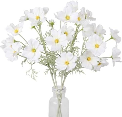 IPOPU White Daisy Flowers Artificial Cosmos 5PCS White Fake Wildflowers 24.5" Silk Flowers with Stems for Home Decor Indoor Artificial Daisies for Wedding Bouquets Floral Craft by IPOPU