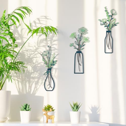 Pigort 3 Pieces Metal Flowers Wall Arts, Wall Decors for Home, Deep Green - Image 4