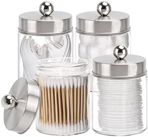 Tbestmax Glass Qtip Holder Dispenser, 10-Ounce Bathroom Containers Apothecary Jars with Metal Lids for Cotton Ball Swab Pad (4 Pack) by Tbestmax