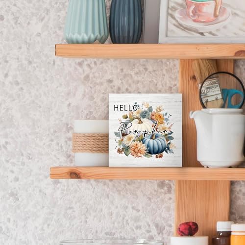 Fall Autumn Pumpkin Wood Box Decor, Rustic Theme Farmhouse Wooden Block Decorations for Home Room Wall Tabletop Shelf, Blue Pumpkin Wooden Square Decor - Image 5
