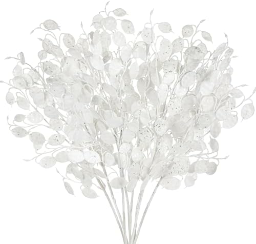 Oairse 8 Pcs Christmas Tree Picks and Sprays White Glitter Christmas Picks 26.8" Christmas Glitter Eucalyptus Leaves Stems for Christmas Tree Filler Branches Wreaths Centerpieces Holiday Decorations by Oairse