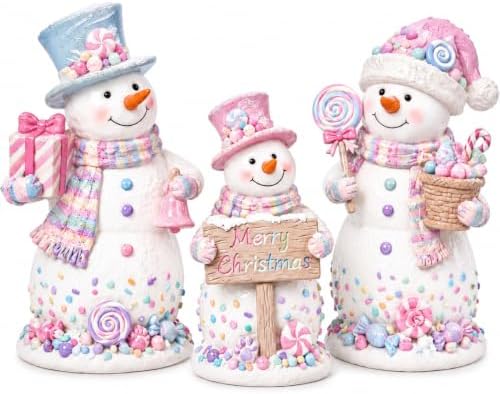 Barydat 3 Pcs Christmas Snowman Table Decor Pink Candy Snowman Figurines by home