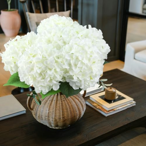 6PCS White Large Silk Hydrangea Flowers, 20 in Full Faux Hydrangea Artificial Flowers with Stems Leaves for Fake Lifelike Spring Bouquets Wedding Party Table Centerpieces Indoor (White) - Image 2