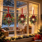 6 Pcs Mini Christmas Wreaths for Cabinets 9" Christmas Kitchen Cabinet with Burgundy Red Berry Eucalyptus Leaves Bow for Indoor Outdoor Farmhouse Home Wall Window Festival Wedding Decor - Image 3