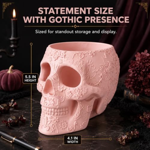 Skull Makeup Brush Holder, Pen Holder, Vanity, Desk, Office Organizer, Stationary, Decor Planter, Candy Bowl, Goth Decorations, Extra Large, Skulls Gothic Skull & Bones Organizer Bathroom (Cloud Pink) - Image 2