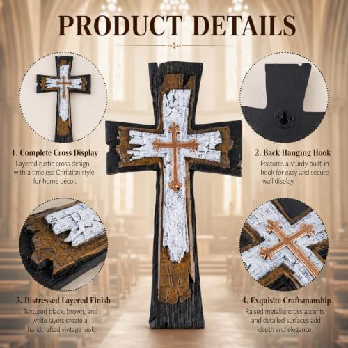 Rustic Layered Wall Cross Decor - 12 Inch Vintage Resin Hanging Crucifix with Gold Accents, Distressed Wood Style Decorative Cross with Keyhole Hanger for Home Altar, Living Room, or Religious Gift - Image 4