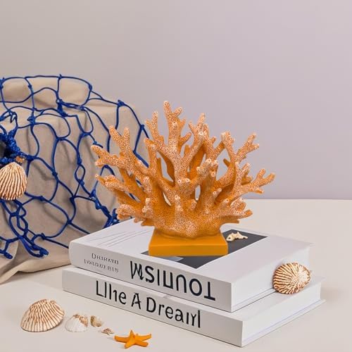 5.8" H Orange Coral Decor - Resin Coral Statue, Nautical Decor for Home, Bedroom, Bathroom, Living Room, Ocean Themed Cabinet Shelf Tabletop Decoration - Image 3