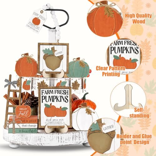 Reallnaive 18 Pcs Fall Tiered Tray Decor Set Classic Wood Signs - Image 4