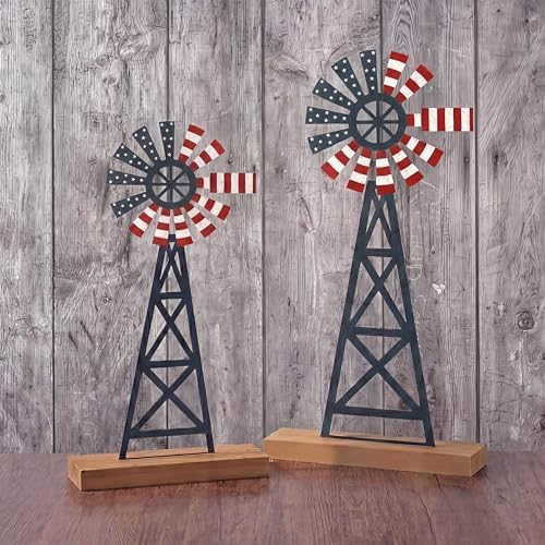Tandefio 2 Pcs 11.8 Inch Metal Patriotic Farmhouse Windmill Tabletop Decor by Tandefio