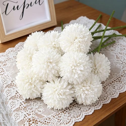 Tinsow 12PCS Artificial Ball Chrysanthemum Faux Flowers Bouquet White - Image 2