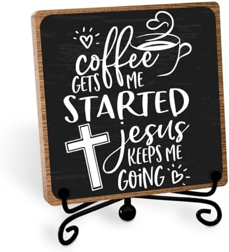 Christian Coffee Decor, Wooden Desk Sign with Metal Stand for Coffee Bar by Toerifer