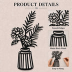 Qzmaikoo 3 Pieces Black Metal Flowers Wall Decor Vase Art Sculptures Hanging for Indoor Kitchen Bathroom Dining Room Patio, 14.56x7.48 Inches - Image 3