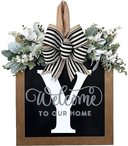Last Name Front Porch Decor,Welcome Sign Front Door Wreath,Porch Decorations Outdoor,26 Letter Wreaths Front Door Hanging,Spring Wreaths for Front Door,Front Door Wreaths for All Seasons Monogram (Y) by ELEFOCUS