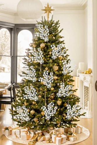 Oairse 8 Pcs Christmas Tree Picks and Sprays White Glitter Christmas Picks 26.8" Christmas Glitter Eucalyptus Leaves Stems for Christmas Tree Filler Branches Wreaths Centerpieces Holiday Decorations - Image 2