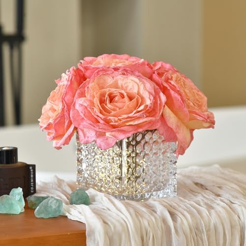 Silk Roses in Glass Vase with LED, Low Centerpiece for Table, Coral Pink - Image 2