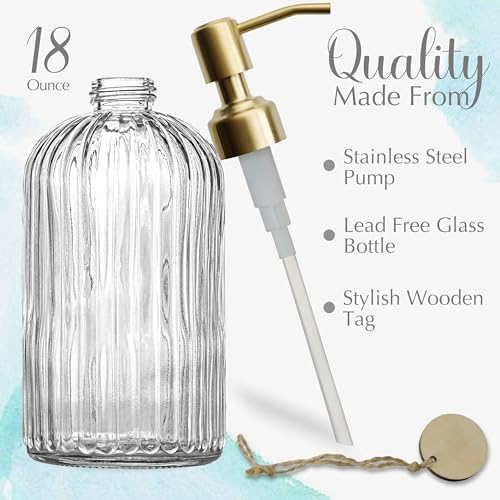 JASAI 18Oz Glass Soap Dispenser with Golden Pump for Kitchen,Refillable Liquid Hand soap Dispenser with Vertical Stripe, Clear Soap Dispenser Bathroom for Hand soap, Dish Soap, Lotion - Image 3