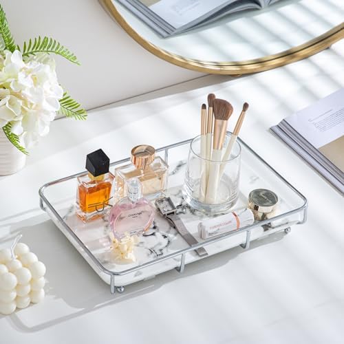 Dobbyby Vanity Tray Makeup Organizer Cosmetics Storage Bathroom Skincare Organizer Countertop Display Rack in Dresser Stainless Steel Shelf Marble Print Ceramic Trays - Image 4