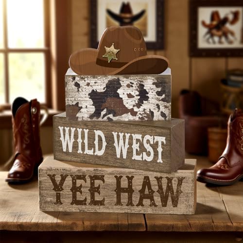 Yuntau 4 Pcs Western Cowboy Table Decor Wooden Block Signs Cowboy Hat Set - Image 4