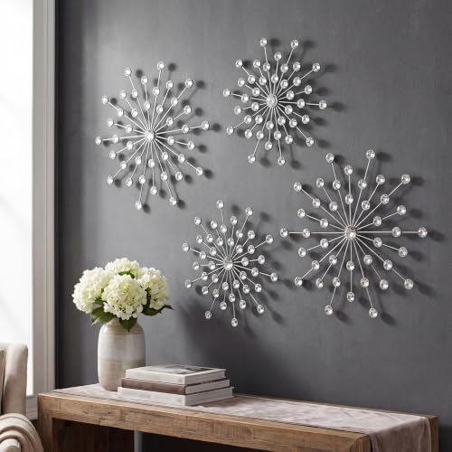 ZEXUIRU 4 Set Silver Starburst Wall Art for Home Decor Metal Bling Crystal Rhinestones Sunburst Wall Decor Sparkling Rhinestone Art Accent Silver - 13 in by ZEXUIRU