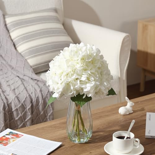 Garvee Artificial White Hydrangea Flowers Arrangement with Vase, 6 PCS Silk Hydrangea Bouquet Centerpiece with Faux Water, Realistic Fake Flowers for Table Centerpiece, Home, Office, Wedding Decor - Image 5