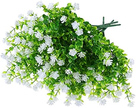XLFAQXM Artificial Plants Flowers Grass Shrubs 8 Pack No Fade Faux Plastic Flowers Outdoor for Vases Farmhouse Garden Porch Patio Office Indoor Wedding Decoration Greenery Fake Plants (2#White) - Image 3