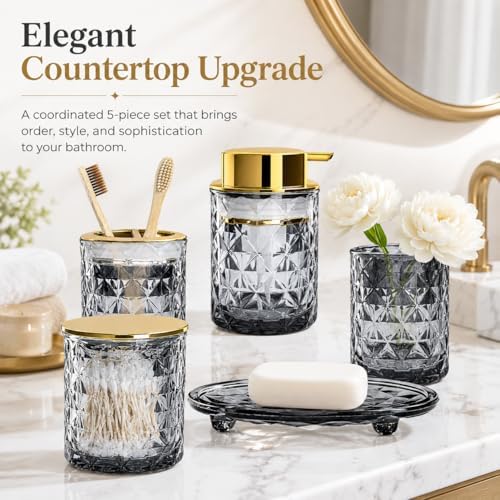 5 Piece Glass Bathroom Accessories Set, Black & Gold Vanity Countertop Set - Image 6