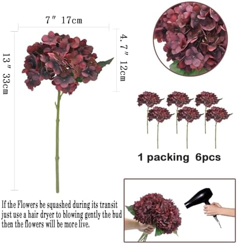6Pcs 13" Dark Red Silk Hydrangea Artificial Flowers - Image 2
