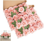 Peach Pink Rose 50pcs Foam Rose Real Looking Fake Rose with Stems Leaves for Home Decoration Party Garden Centerpieces DIY Wedding Bouquets（Peach Pink） by Lansdowns