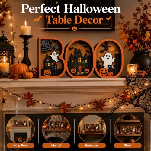 Vintage Halloween Decor 2026, 3D Wooden Cute BOO Sign, Rustic Halloween Tabletop Decor, Spooky Shelf Mantel Decoration for Home (BOO Decor) - Image 4