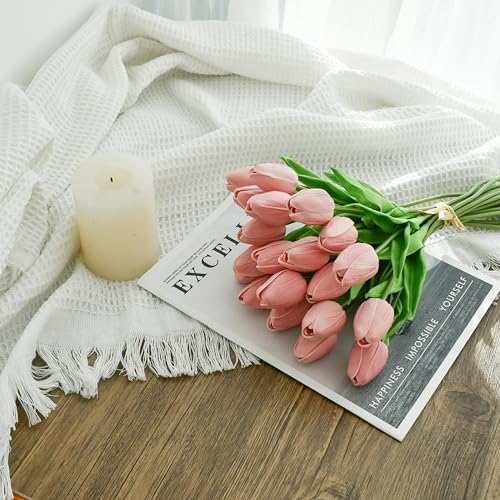ONLY ART Artificial Dusty Pink Tulips 20 Pcs – 13.5 Inch PU Faux Flowers with Bendable Stems for Home Décor, Wedding Centerpieces, DIY Floral Arrangements, New Year and Valentine's Day - Image 3